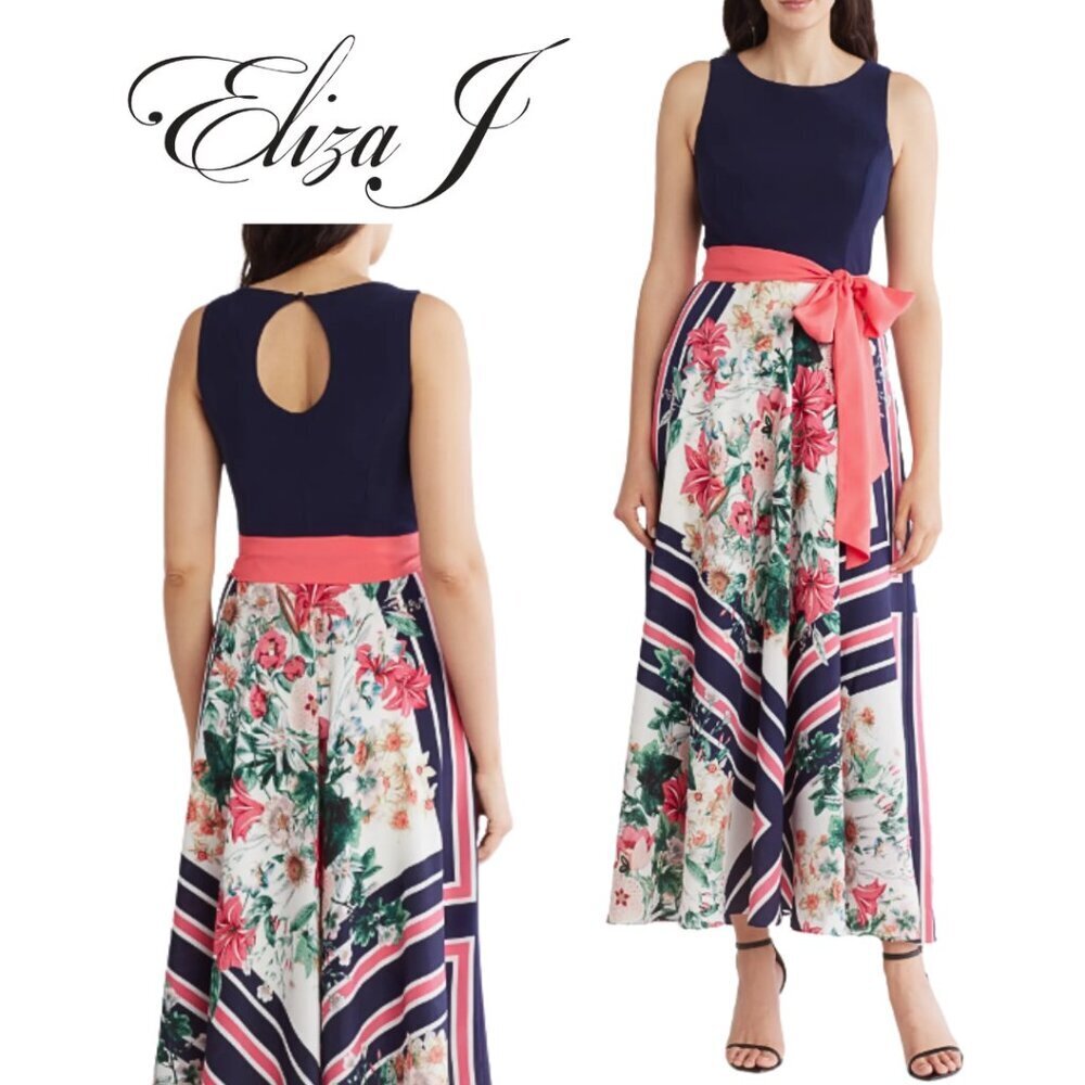 NWT, Eliza J, Twofer Scarf Floral Keyhole Maxi Dress, Navy, Pink